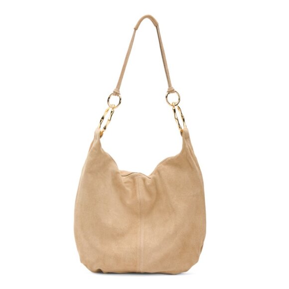MARLON Cappuccino Made In Italy Suede Large Slouchy Hobo With Faux Bamboo Rings